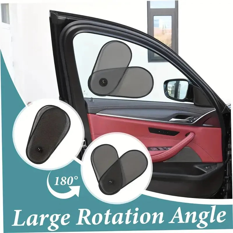 Black breathable mesh car sun shade stretched over a car side window, showing suction cups.