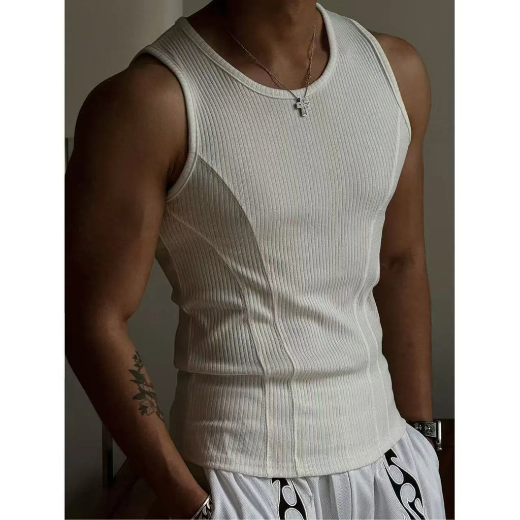 Men's black tight-fitting I-shaped polyester tank top vest on a white background.