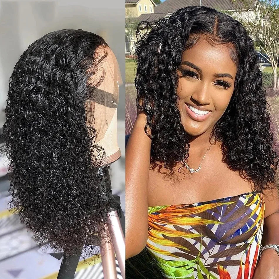 Black front lace small curly wig with long bangs, T-shaped lace 73, 8 to 16 inch lengths