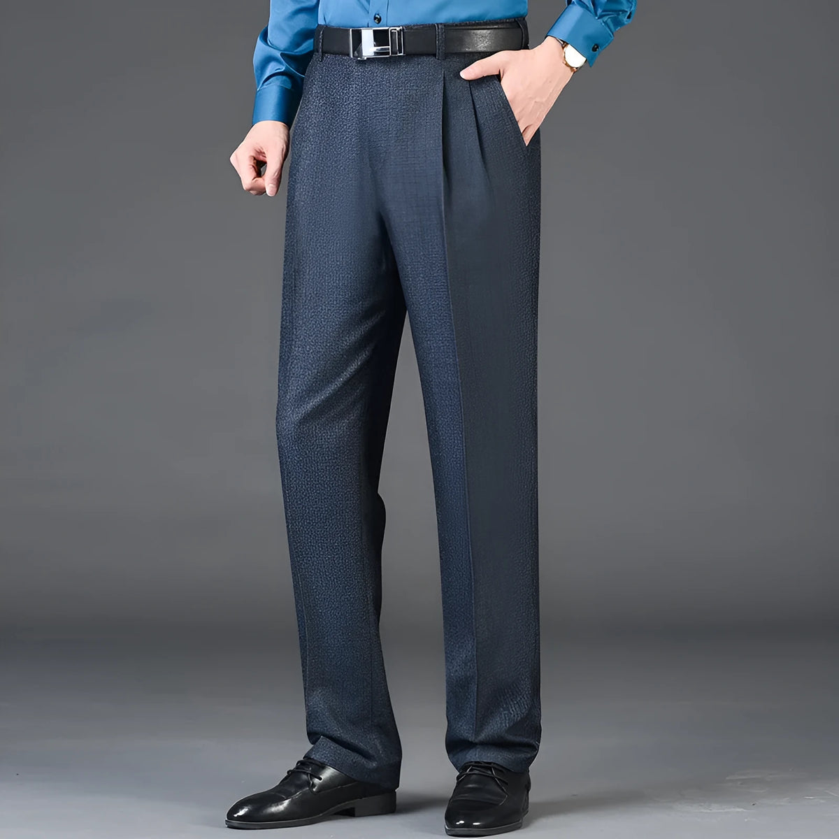Men's loose deep crotch straight wool trousers with double pleated front, sizes 30-56, in dark blue, black, or grey.
