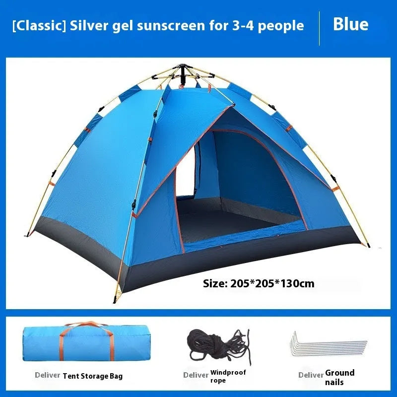 Automatic camping tent, 190T silver tape flysheet, 210D Oxford bottom, dark green or blue, 2-3 or 3-4 person