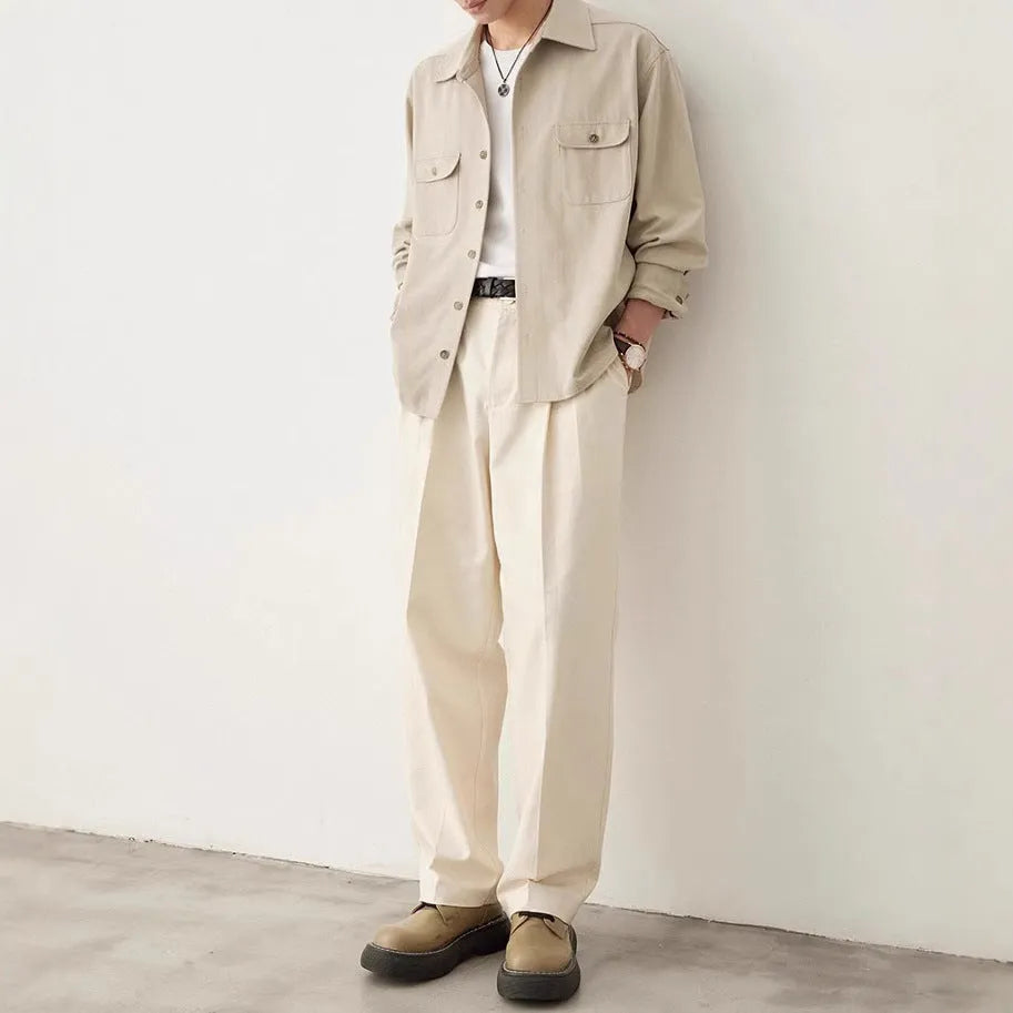Men's light sand rice coloured shirt with a lapel collar and long sleeves.