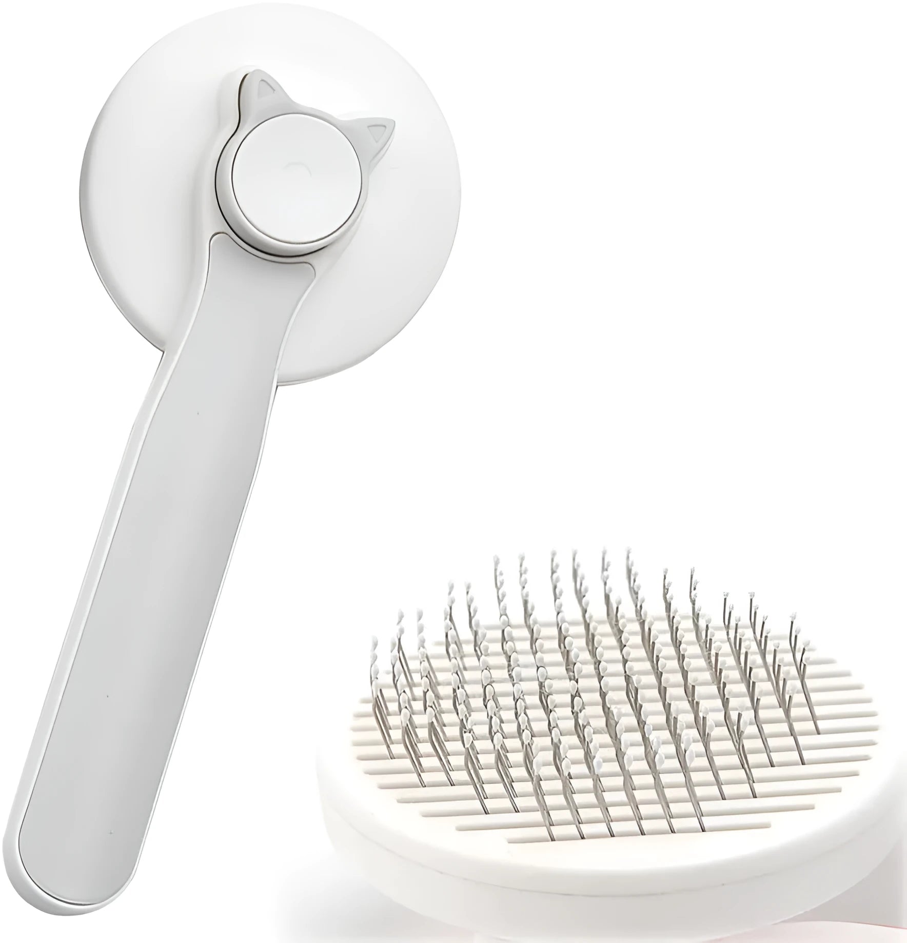 Self-cleaning cat brush with blue handle and rubber-tipped metal pins