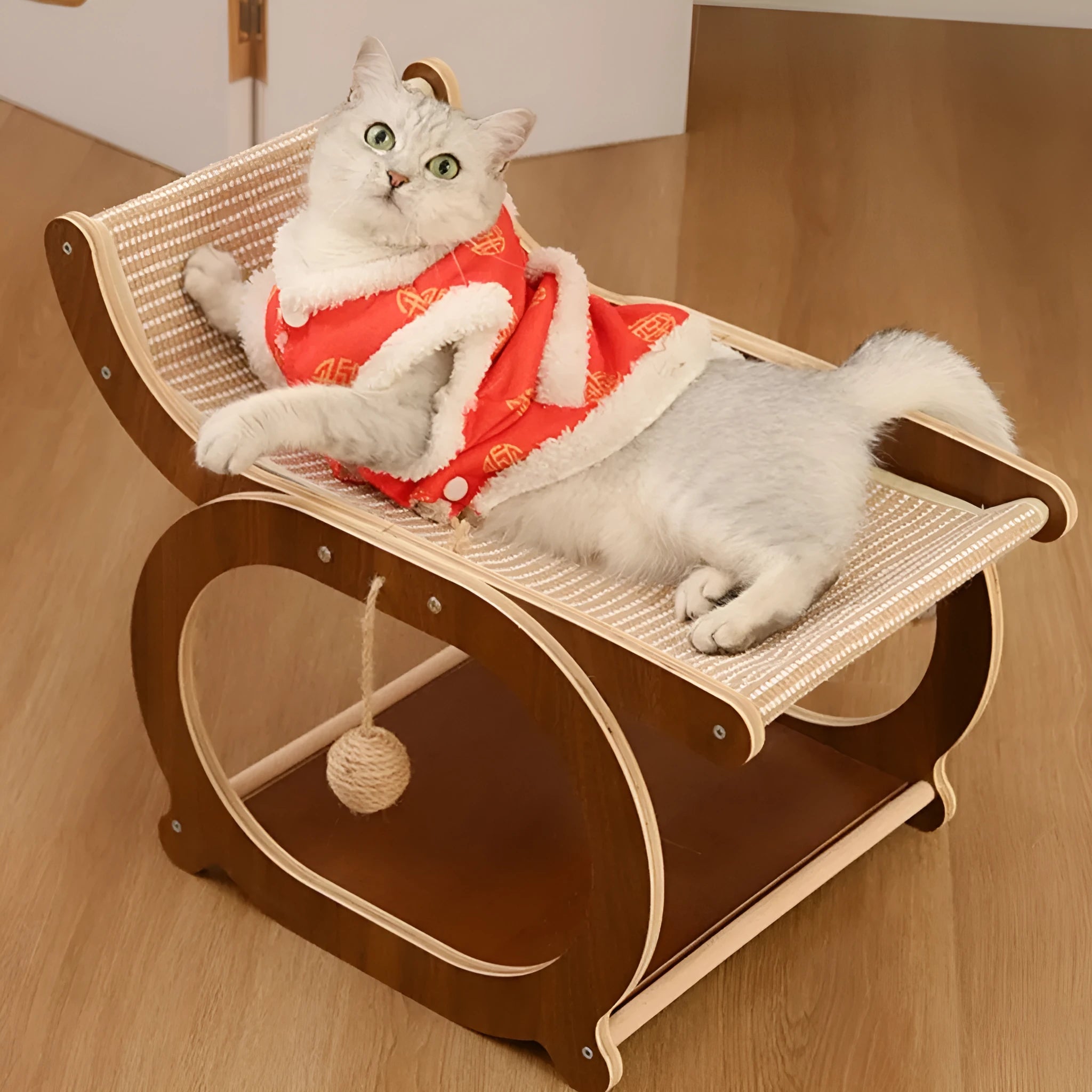 Solid wood rectangular cat scratching mat with natural sisal rope top, shown in a light wood finish.