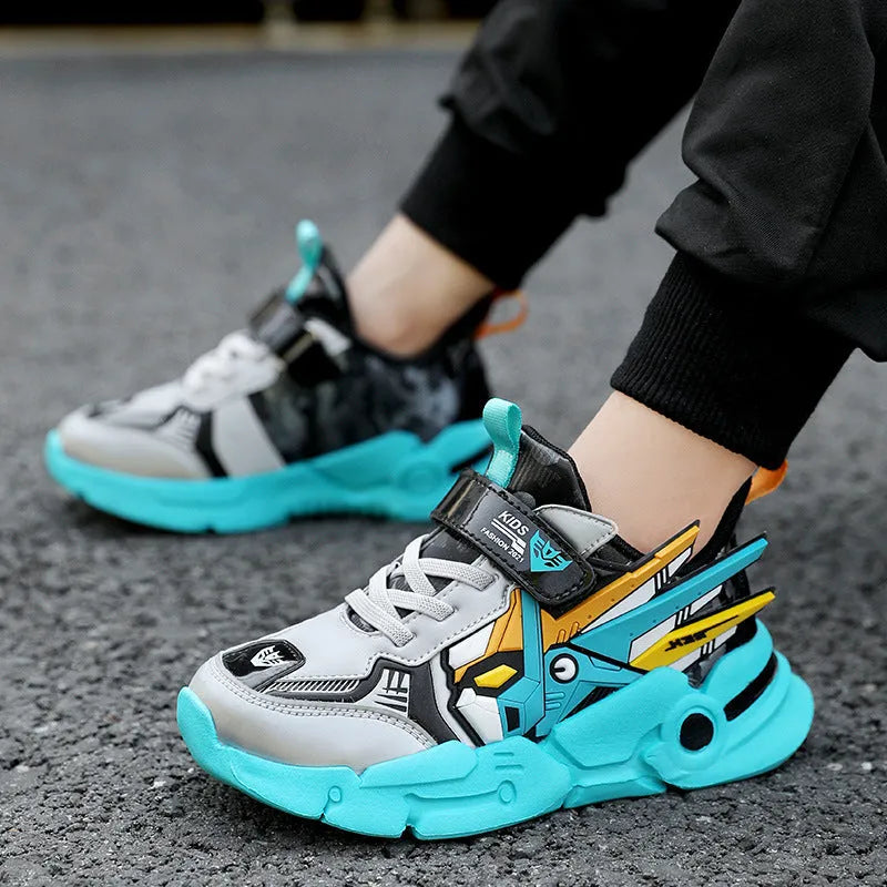 Children's leather surface running shoes with Velcro fastening in yellow, black red, or lake blue colours