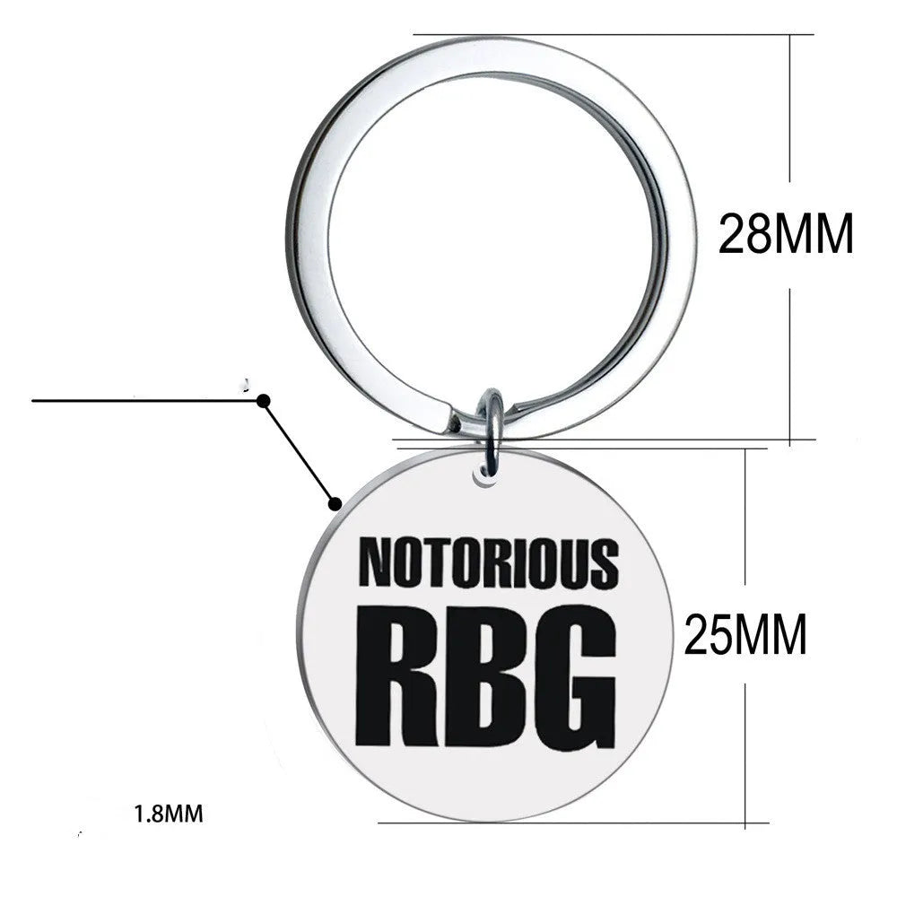 Ruth Bader Ginsburg RBG stainless steel keychain with 25mm key ring, 28mm tag, and 25mm round card pendant