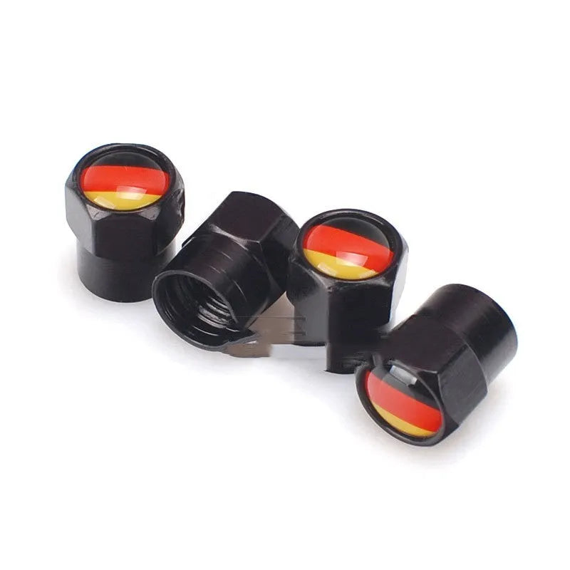 German flag valve cap black metal stainless steel 13mm by 9mm set of 4