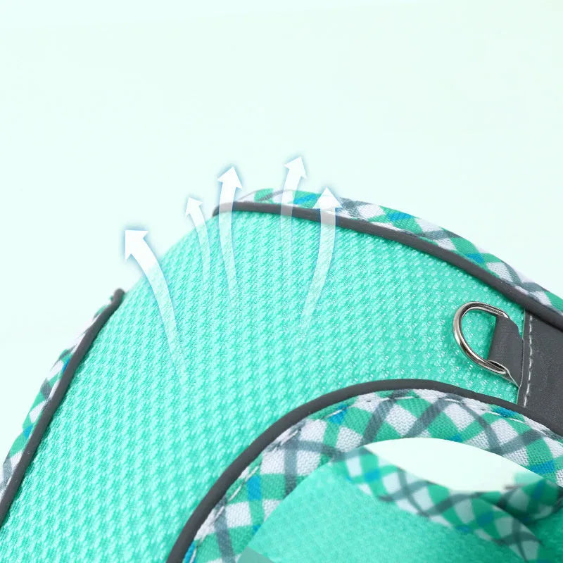 Step-in dog harness with leash showing breathable mesh and reflective vest design