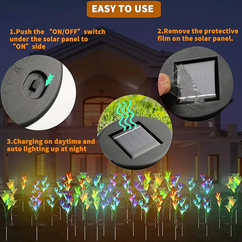 Solar lily flower garden light with purple or red flower head, ground stake, 70cm total height and IP65 waterproof rating