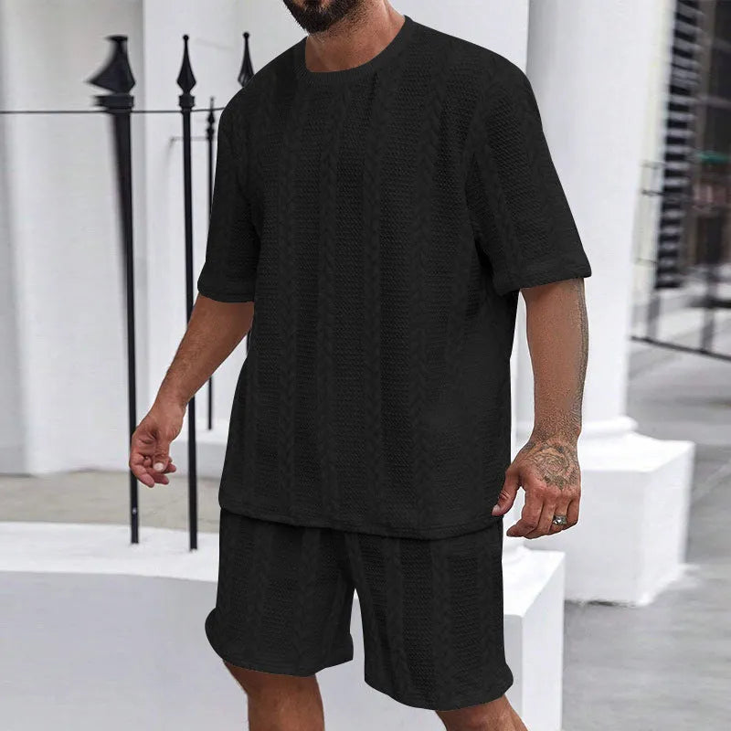 Men's Jacquard knitted summer set showing short sleeve pullover and matching shorts in light grey