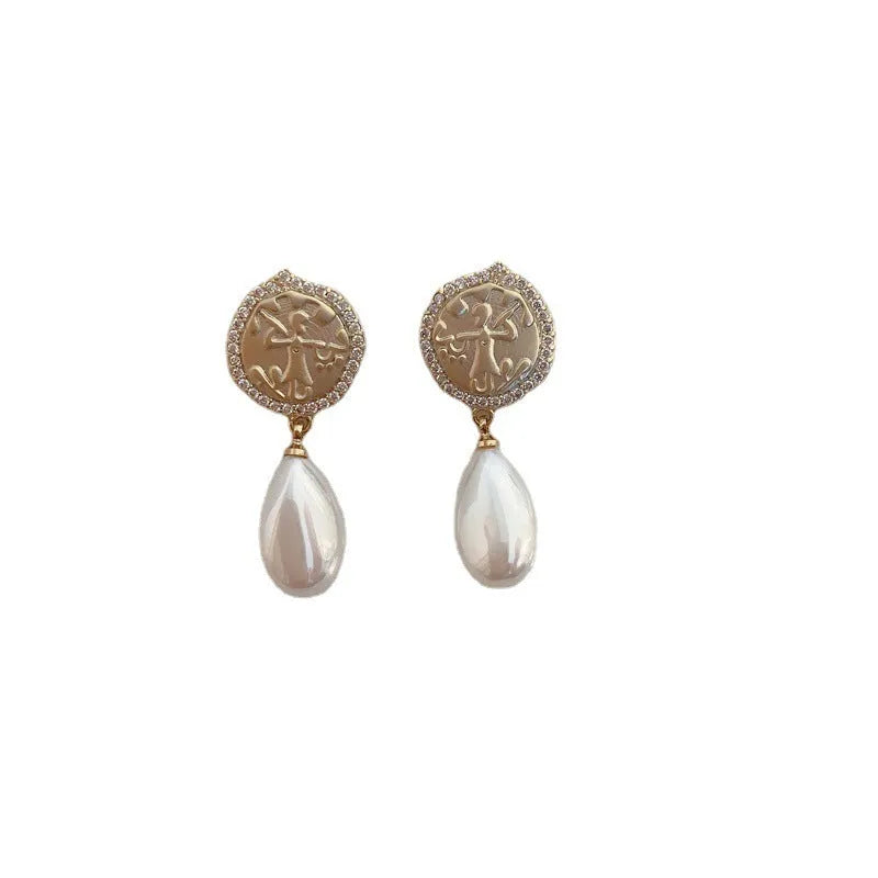 Water drop pearl earrings with micro inlaid zircon, copper geometry design and silver needle option