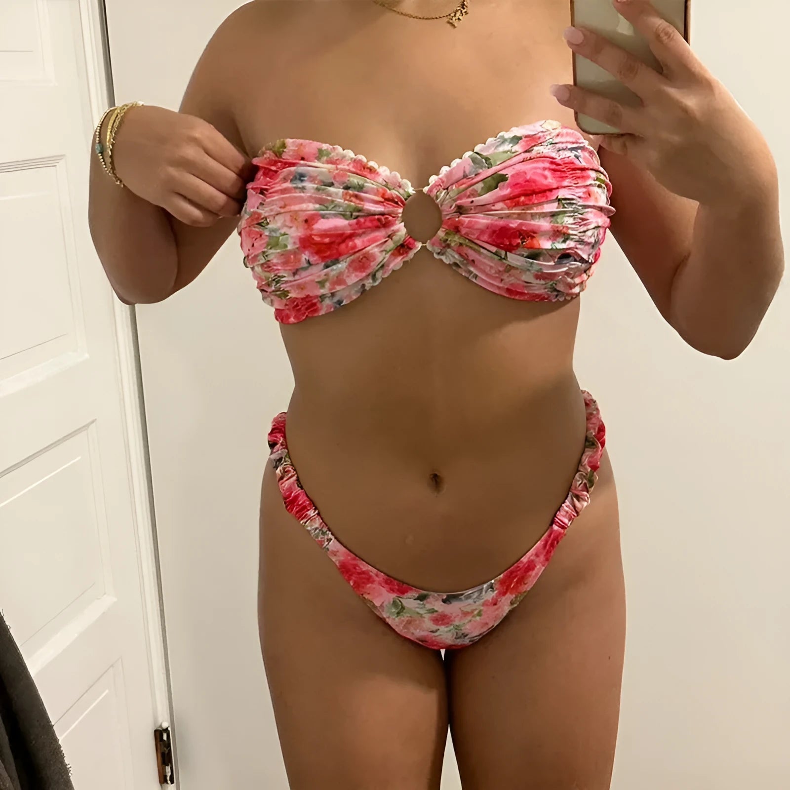 European American floral print swimwear bikini set with tube top and briefs in blue colour