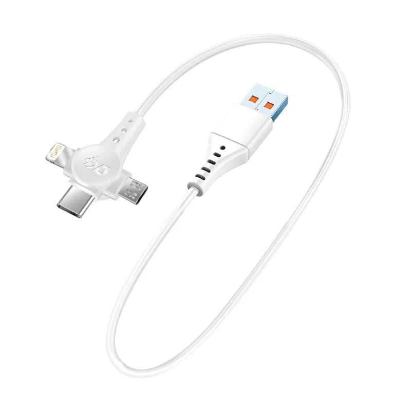 Black telescopic three-in-one charging cable with Lightning, Micro USB and Type-C interfaces