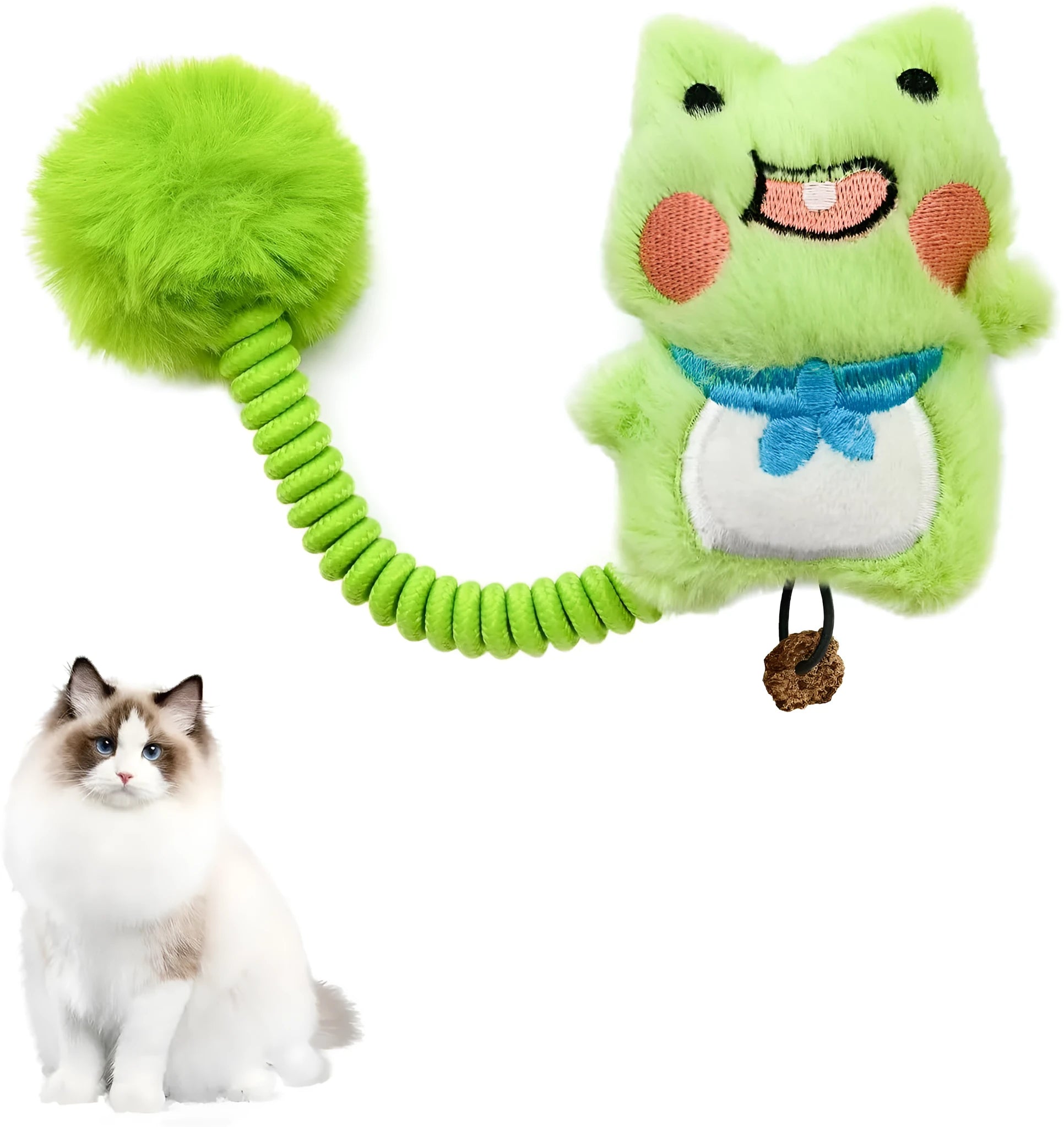 Set of interactive cat toys including a plush animal, silvervine fruit, a spring, and a fuzzy ball.