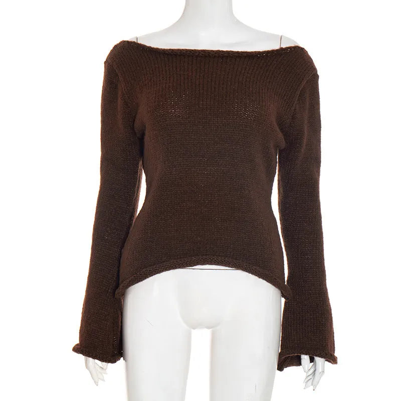 New solid colour slim-fit bell sleeve t-shirt with boat neck in burgundy, front view on model