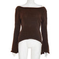 New solid colour slim-fit bell sleeve t-shirt with boat neck in burgundy, front view on model