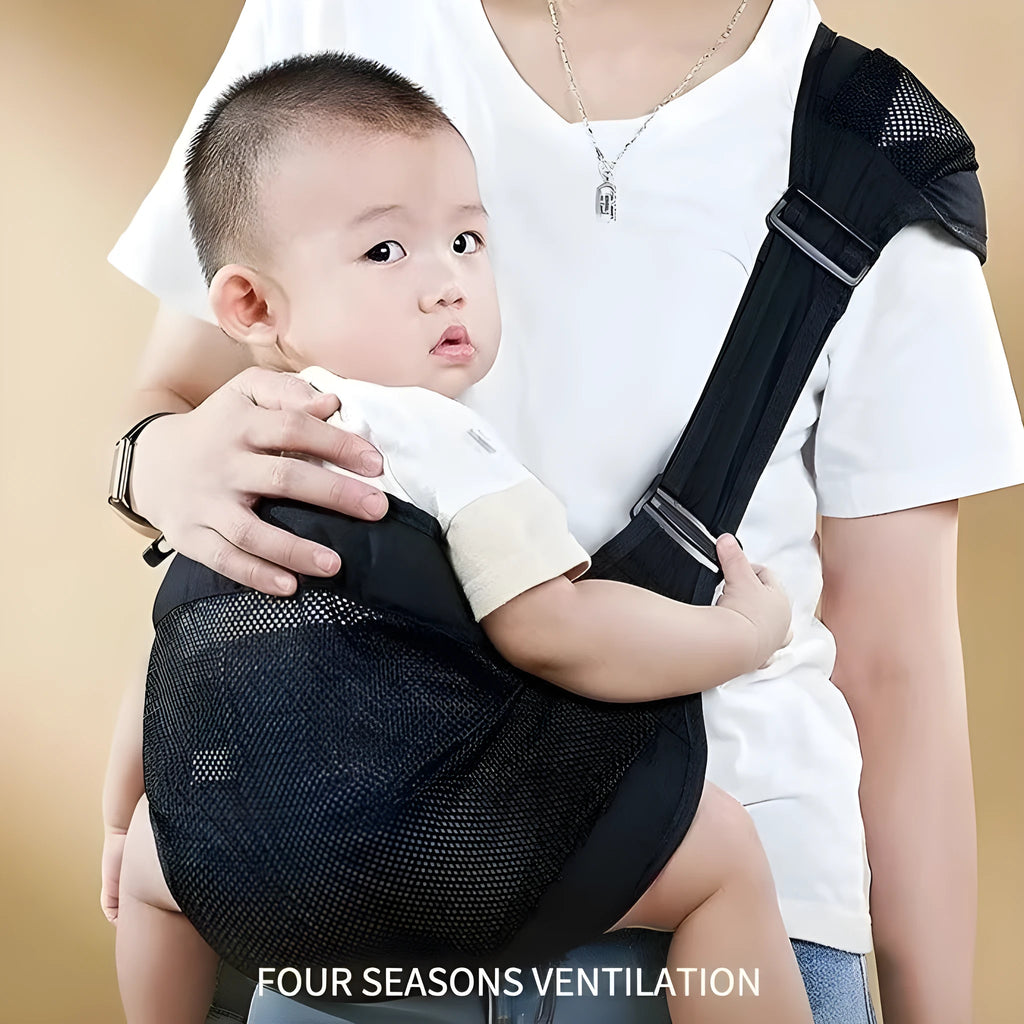 Cloth baby waist stool carrier in grey, black, green, or pink colours with 25kg load capacity