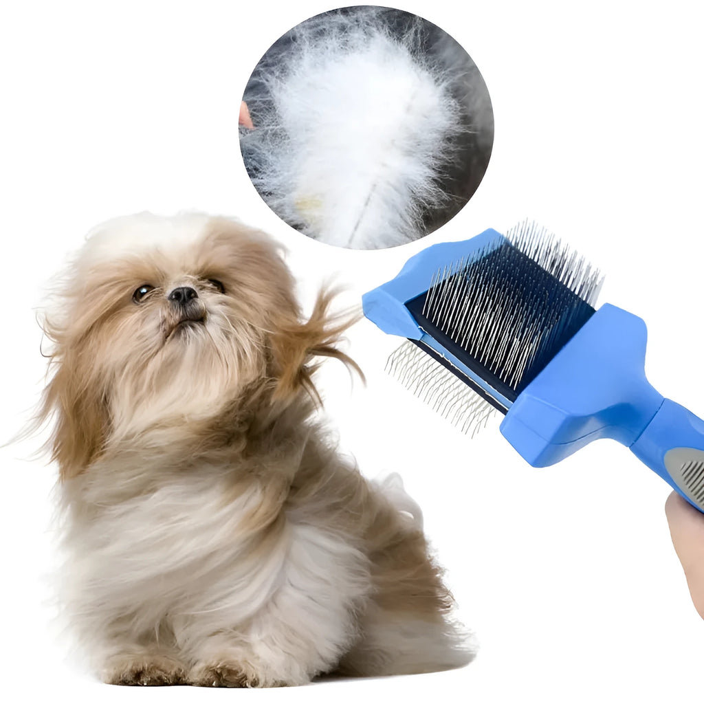 Blue dual-sided pet grooming brush with stainless steel pins on a wooden table.