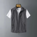 Men's slim-fit rabbit fur hooded waistcoat vest on a hanger