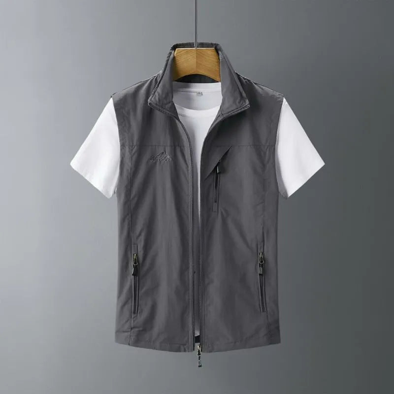 Men's slim-fit rabbit fur hooded waistcoat vest on a hanger