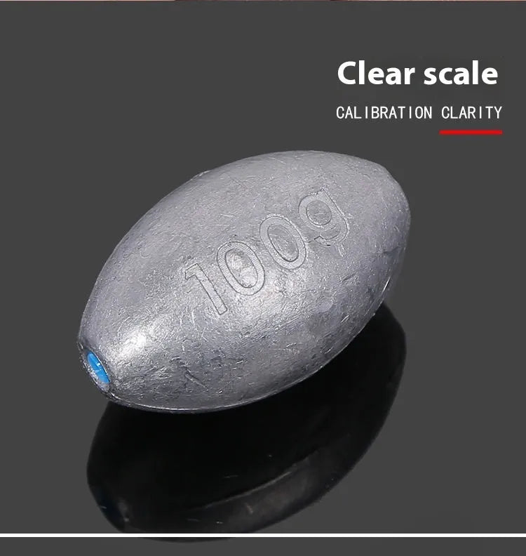 Tongxin scale olive lead fishing sinker with rugby shape and plastic core, shown in various weights.