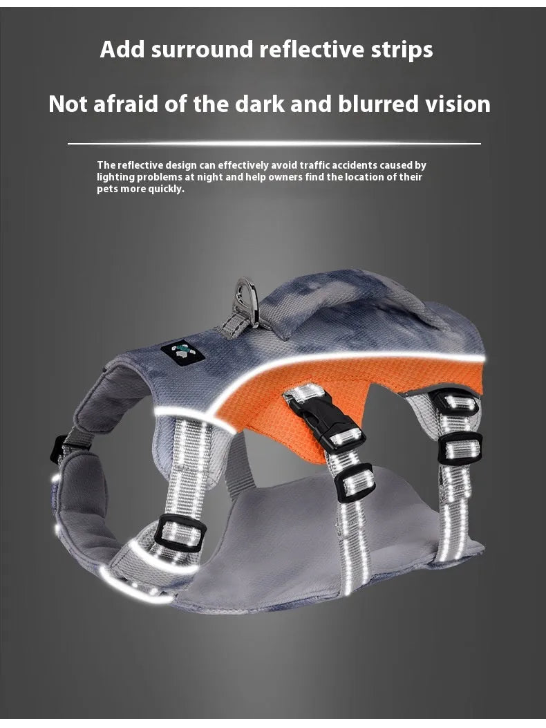 A light blue reflective dog cooling vest harness with a chest strap on a small dog