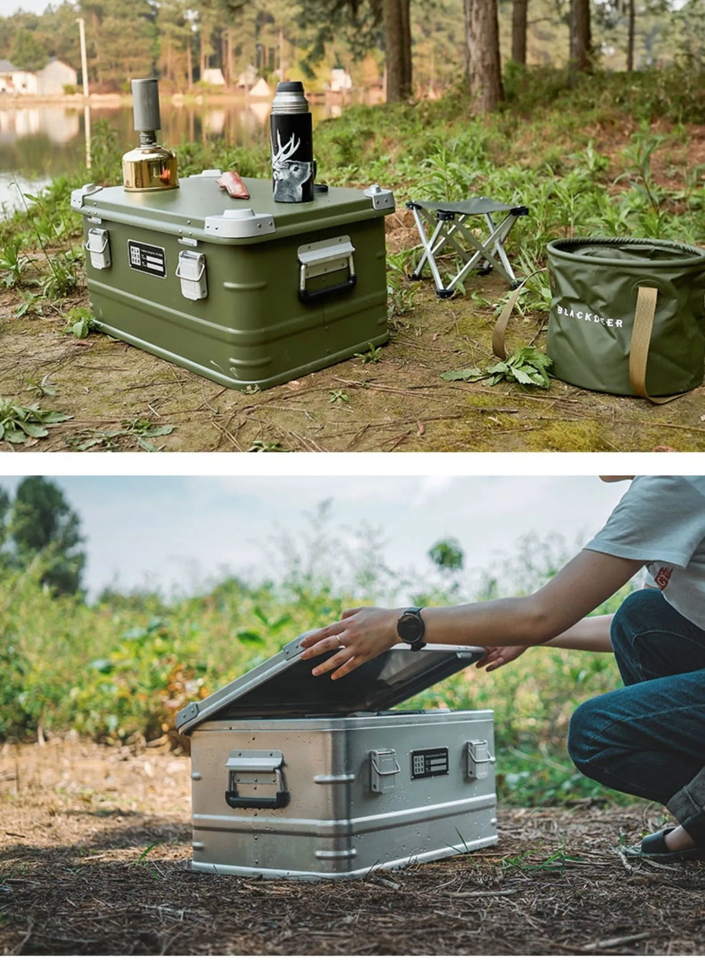 Field green aluminium alloy camping storage box with dimensions 58x38x28cm for outdoor equipment organisation