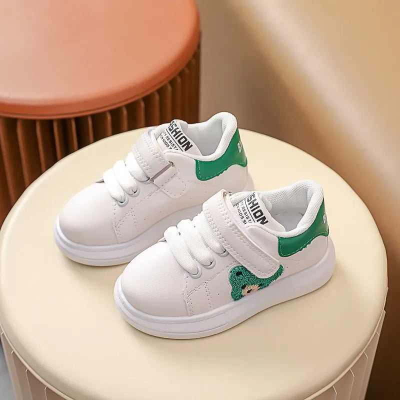 Baby Bear cartoon pattern kids sports shoes in black, green and khaki colours