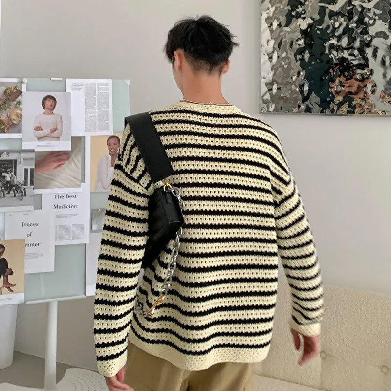Men's black loose fit long sleeve sweater in cotton blend, sizes S to 3XL, for daily spring and autumn wear