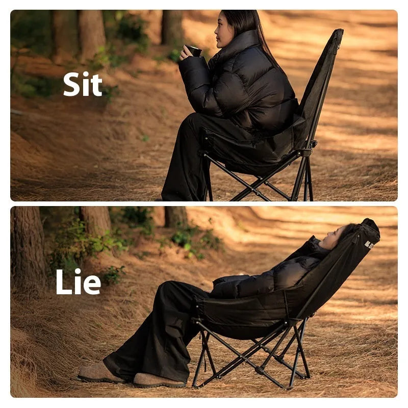 Night Black Oxford cloth portable folding moon camping chair with a thickened seat, shown in a folded position.