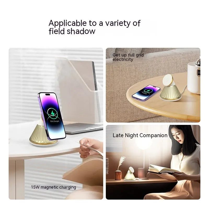 Night table lamp with integrated wireless charging station showing magnetic seat for smartphones