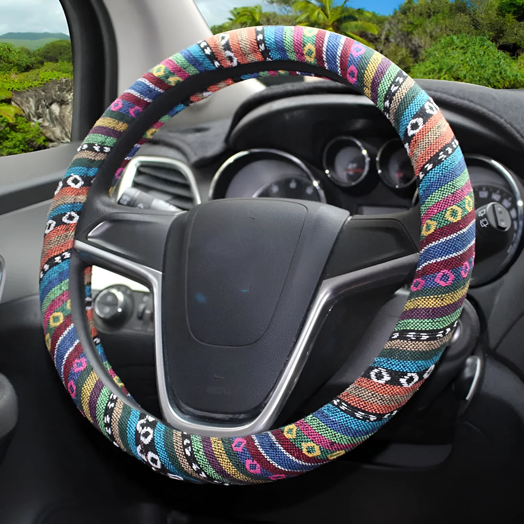 Ethnic style old coarse cloth car steering wheel cover with textured weave, 38cm fit