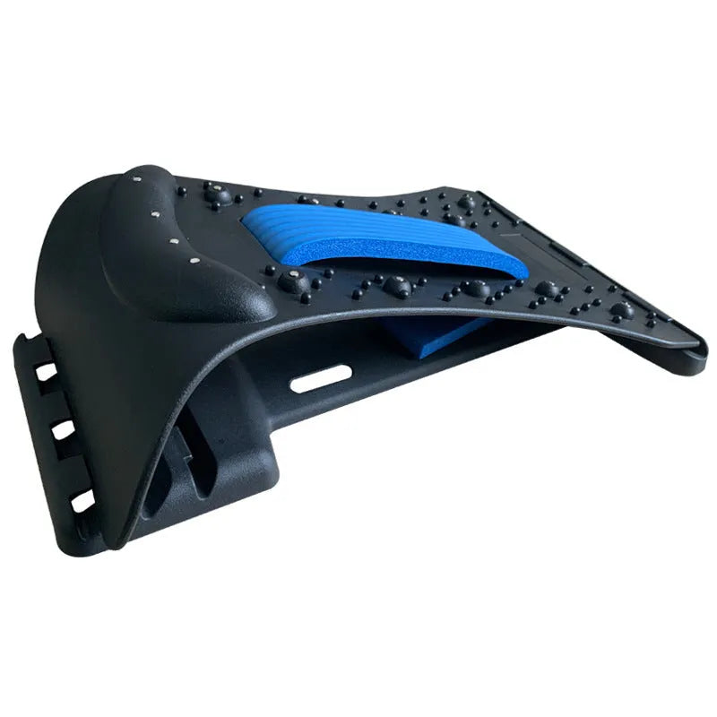 Adjustable back massager stretcher with magnetic therapy points on a black and purple background.