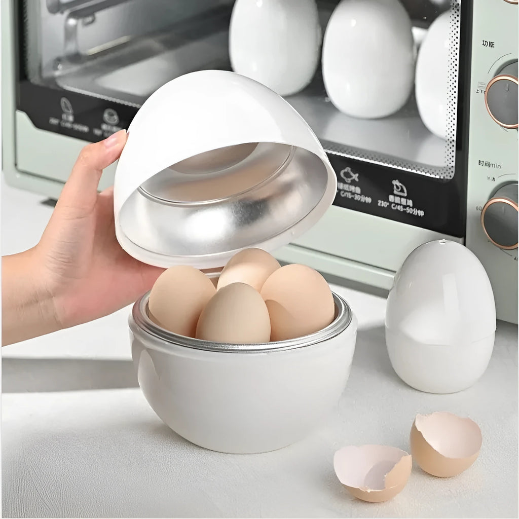 White microwave egg steamer cooker with capacity for 1-4 eggs and adjustable cooking times
