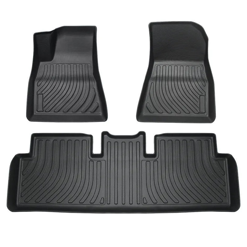 Rubber floor mats with TPE footrest designed for Tesla Model 3, Y, X, and S cars.