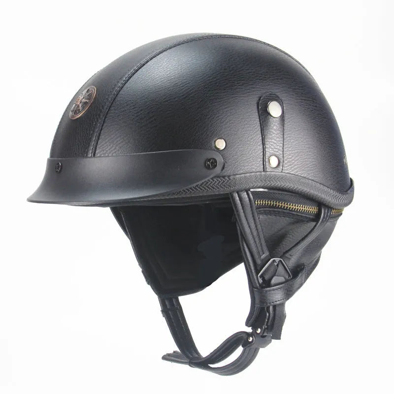 Retro motorcycle helmet with half pedal design in black artificial leather