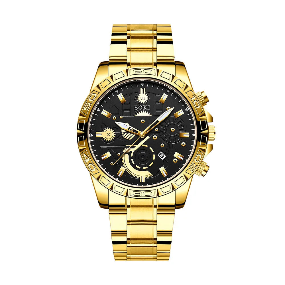 Men's gold-colour business quartz watch with stainless steel strap and calendar on dial
