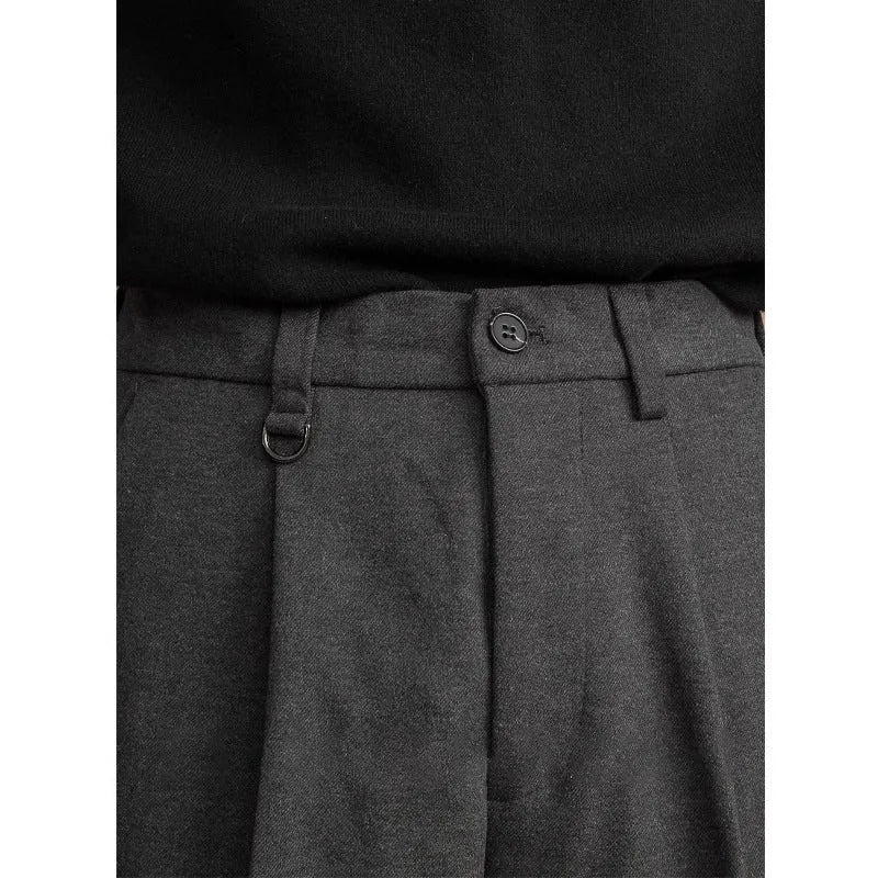 Men's straight leg trousers in black, dark grey, khaki, and brown colours