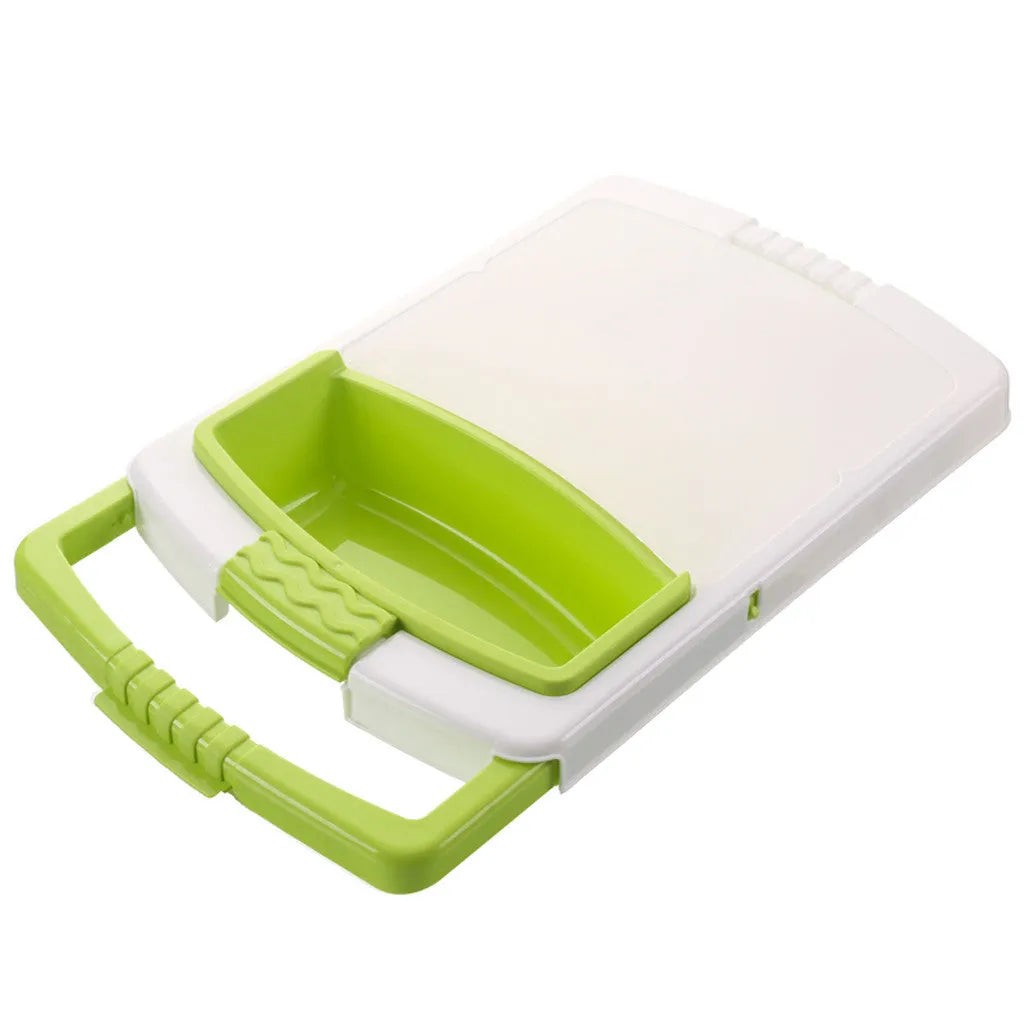 Green kitchen drain cutting board with hollow bottom design mounted on sink edge