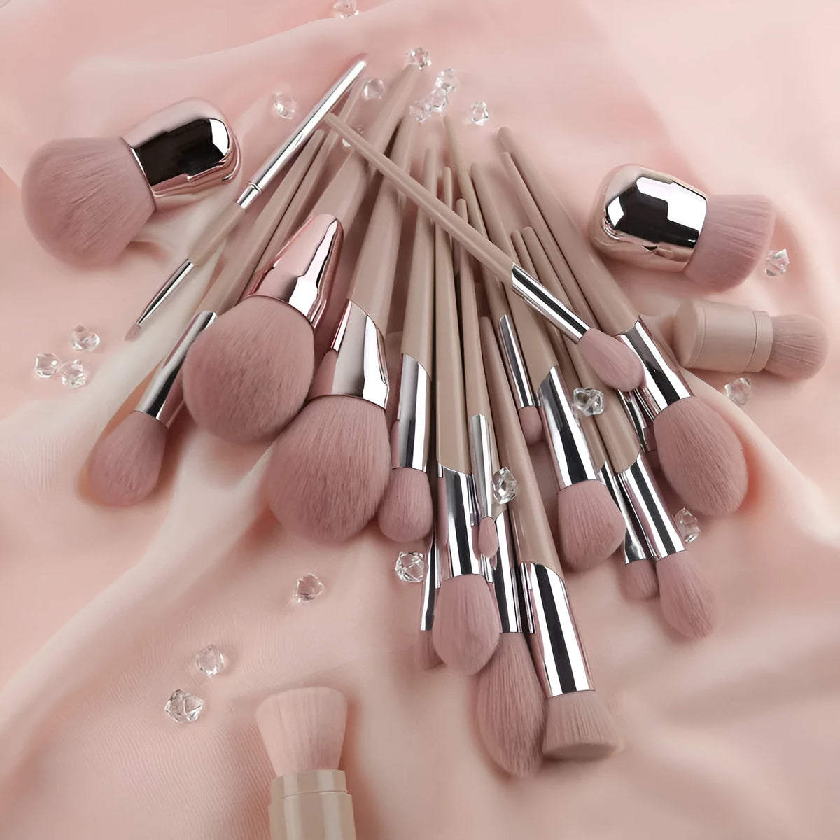 Pink heart makeup brush set with eyeshadow, powder, contour, foundation, blush and highlight brushes