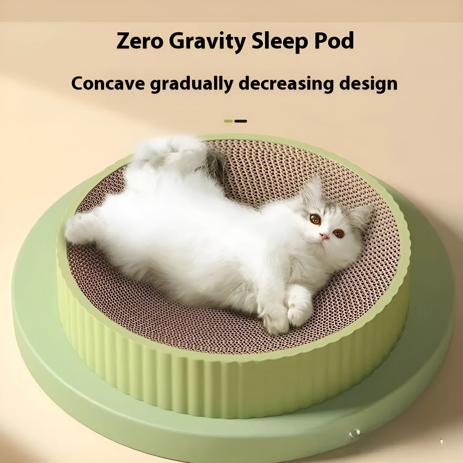 Green and white round 55 cm cat scratching board nest with corrugated paper surface.