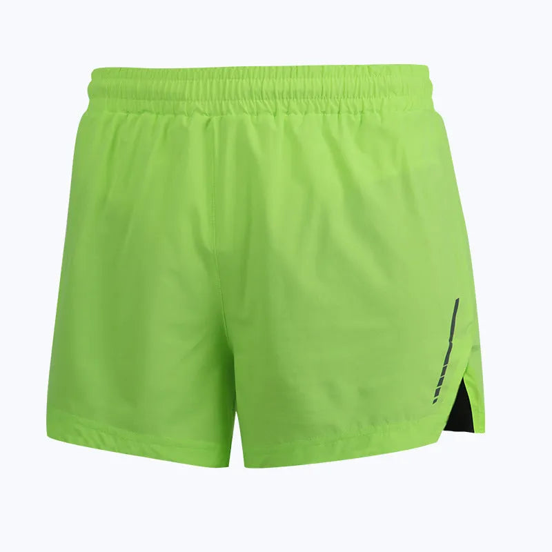 A pair of grey straight-cut unisex running shorts made from moisture-wicking polyester fabric, laid flat.