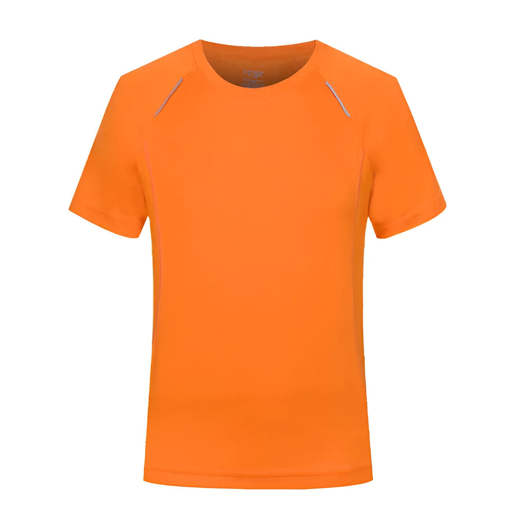 Men's slim fit quick-dry t-shirt in solid colours on a hanger, showing round neck and short sleeve design.