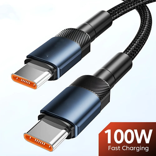 Aluminium alloy woven USB charging cable with 100W PD fast charging in black, blue, purple, or green