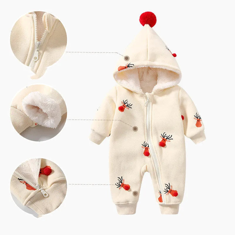 Khaki padded baby crawling clothes with Christmas moose pattern in Korean style design