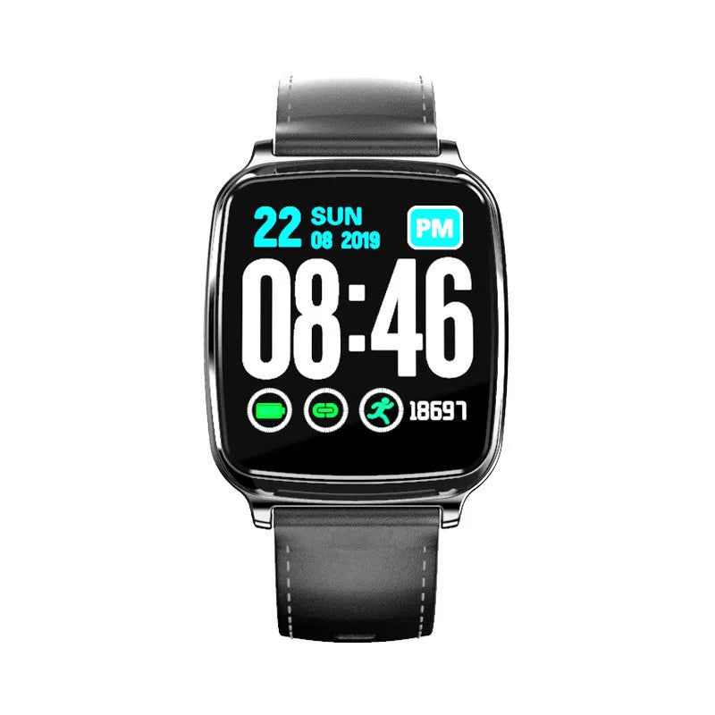 M8 Smart Fitness Bracelet in black on a wrist, showing real-time heart rate data on its round full-touch screen.