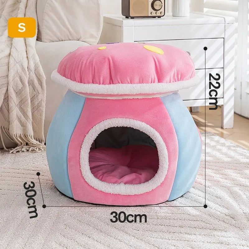 Grey mushroom-shaped plush cat bed with a detachable blanket and rabbit plush lining