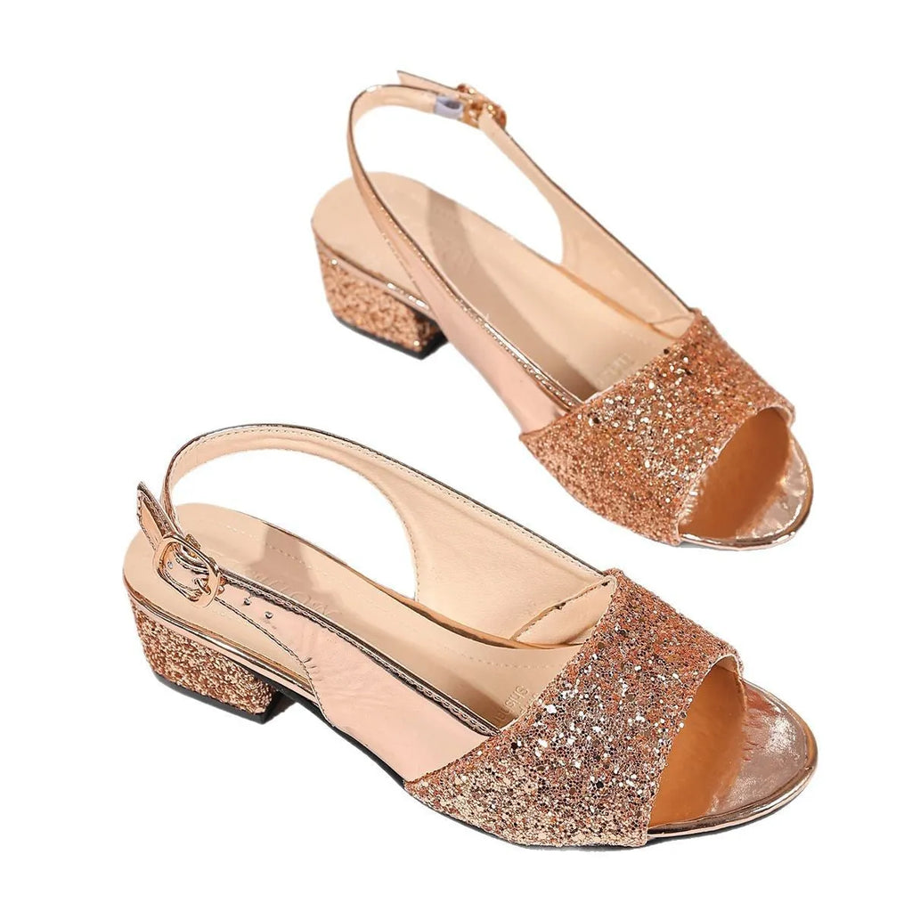 Women's open toe sandals with buckle closure in gold colour showing fish mouth toe holder design
