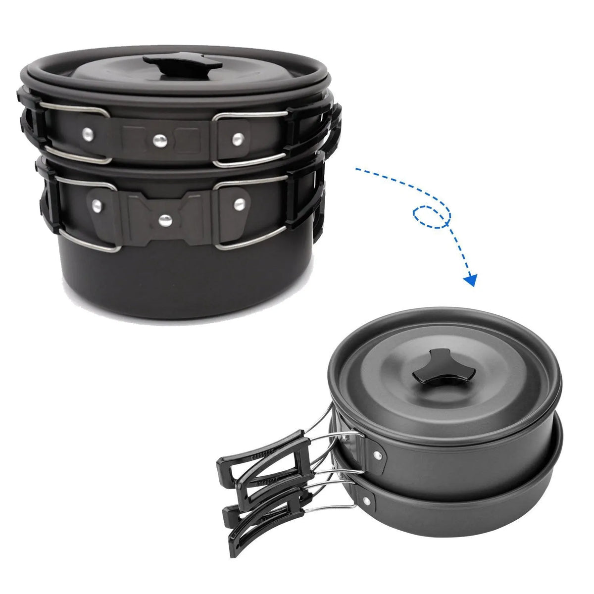 Hard alumina camping cookware set with boiler, frying pan, 800 ml teapot, two stainless steel cups and mesh bag