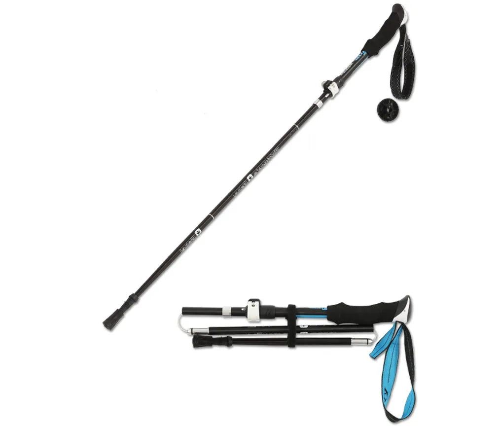 Folding telescopic trekking pole in aluminium alloy with adjustable length 36-130cm in black blue colour
